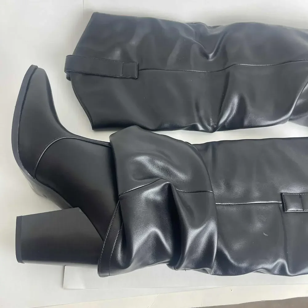 Kween Womens Pointed Toe Block Heel Ruched Boot Black‎ Size 8.5 NEW No Box
